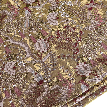 Golden Aviary Woven Upholstery Fabric – Botanical Birds in Gold and Burgundy – Home Decor Use